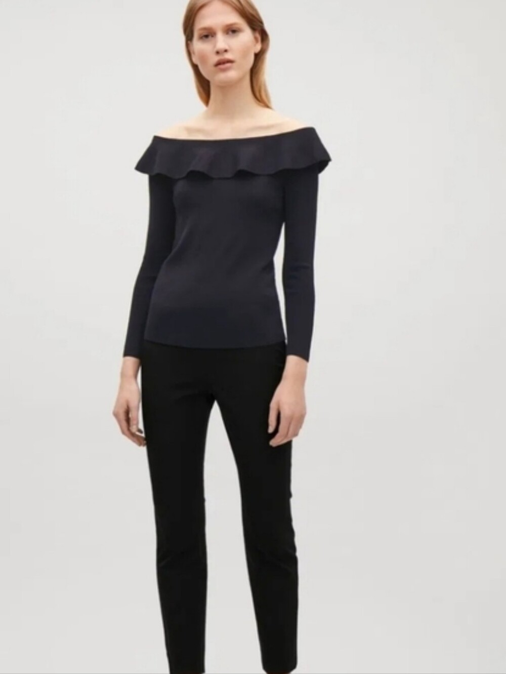COS Black Off-Shoulder Ruffle Fine Rib Knit Top Size Medium